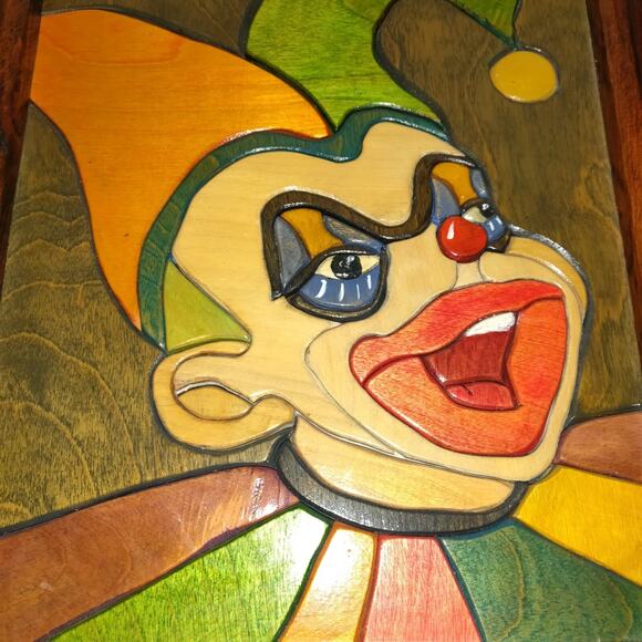 CREEPY CLOWN Colorful Art Picture Inlaid Wood JOKER JESTER Plaque 15x12 Signed - Picture 2 of 16